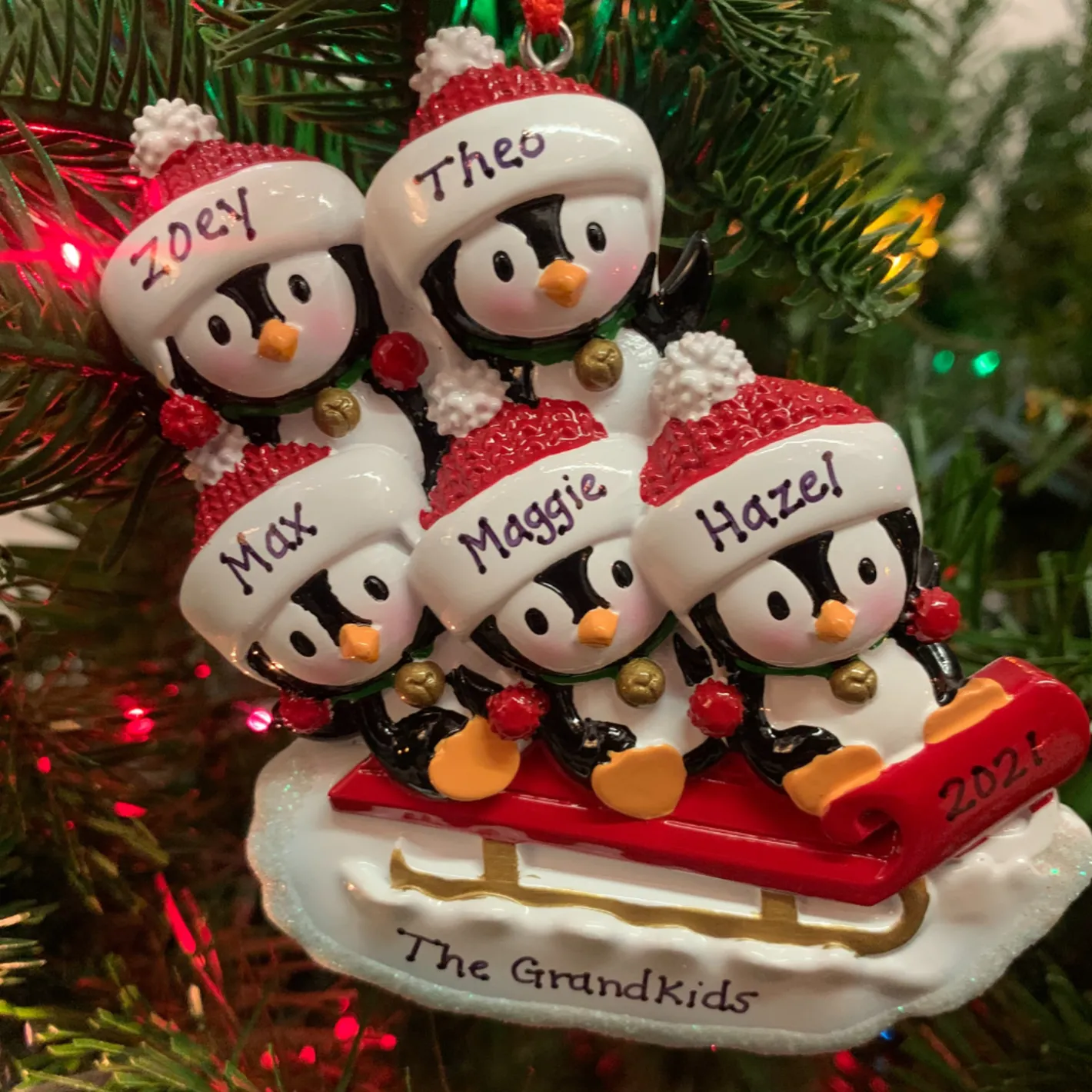 Polar X 4.25" Family of 5 Penguins on Sled Personalized Christmas Ornament OR1915-5 New