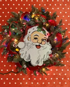 Raz Imports 30" Handmade Vintage Inspired Santa Lighted Wreath w/ Shiny Brite Ornaments Discount