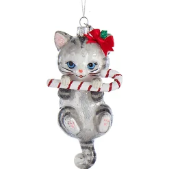 Kurt Adler 5" Noble Gems Cat With Candy Cane Glass Christmas Ornament NB1668