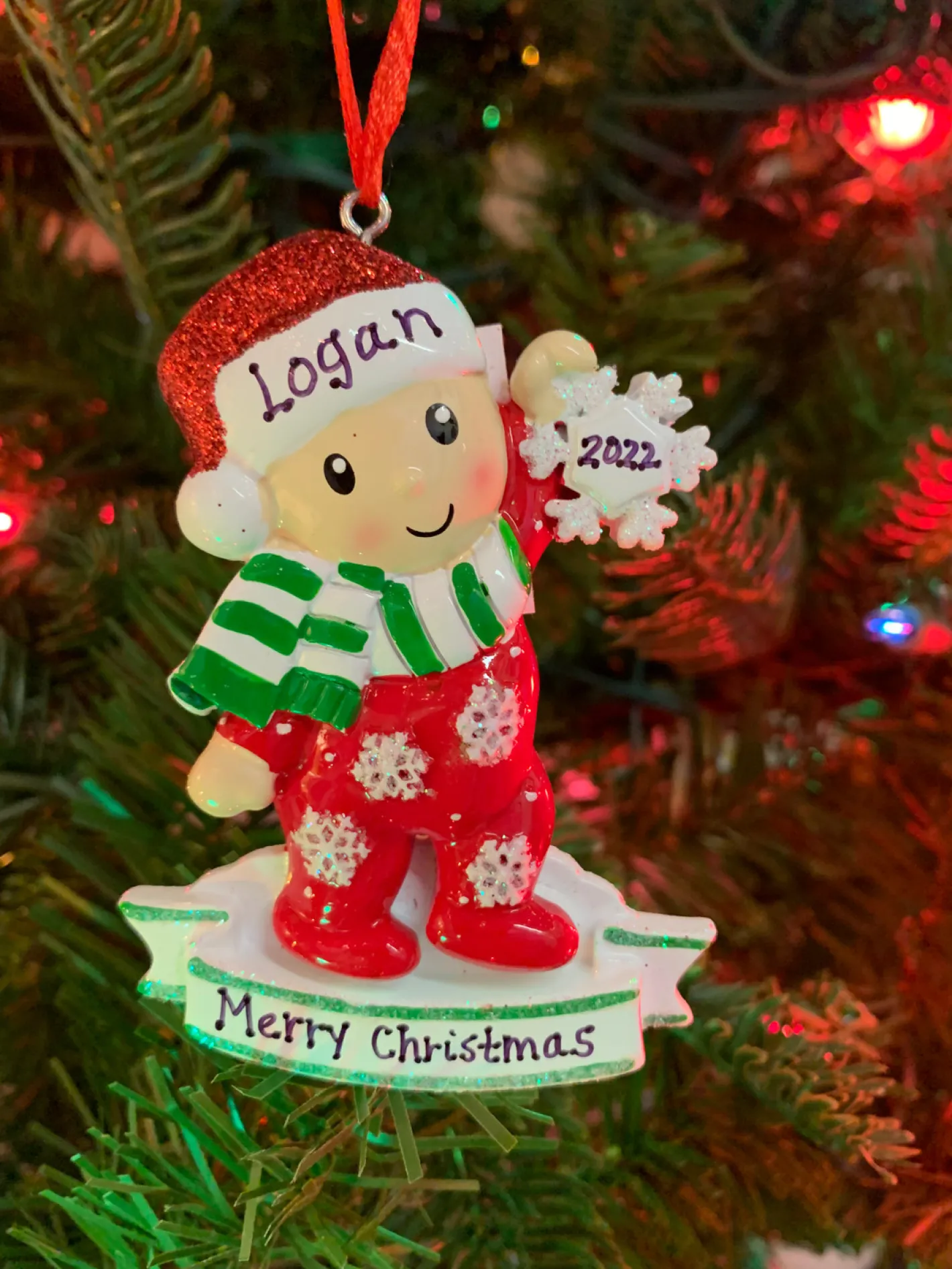Polar X Baby In Red and Green Pajamas Holding Snowflake Personalized Christmas Ornament OR1920-RG Hot