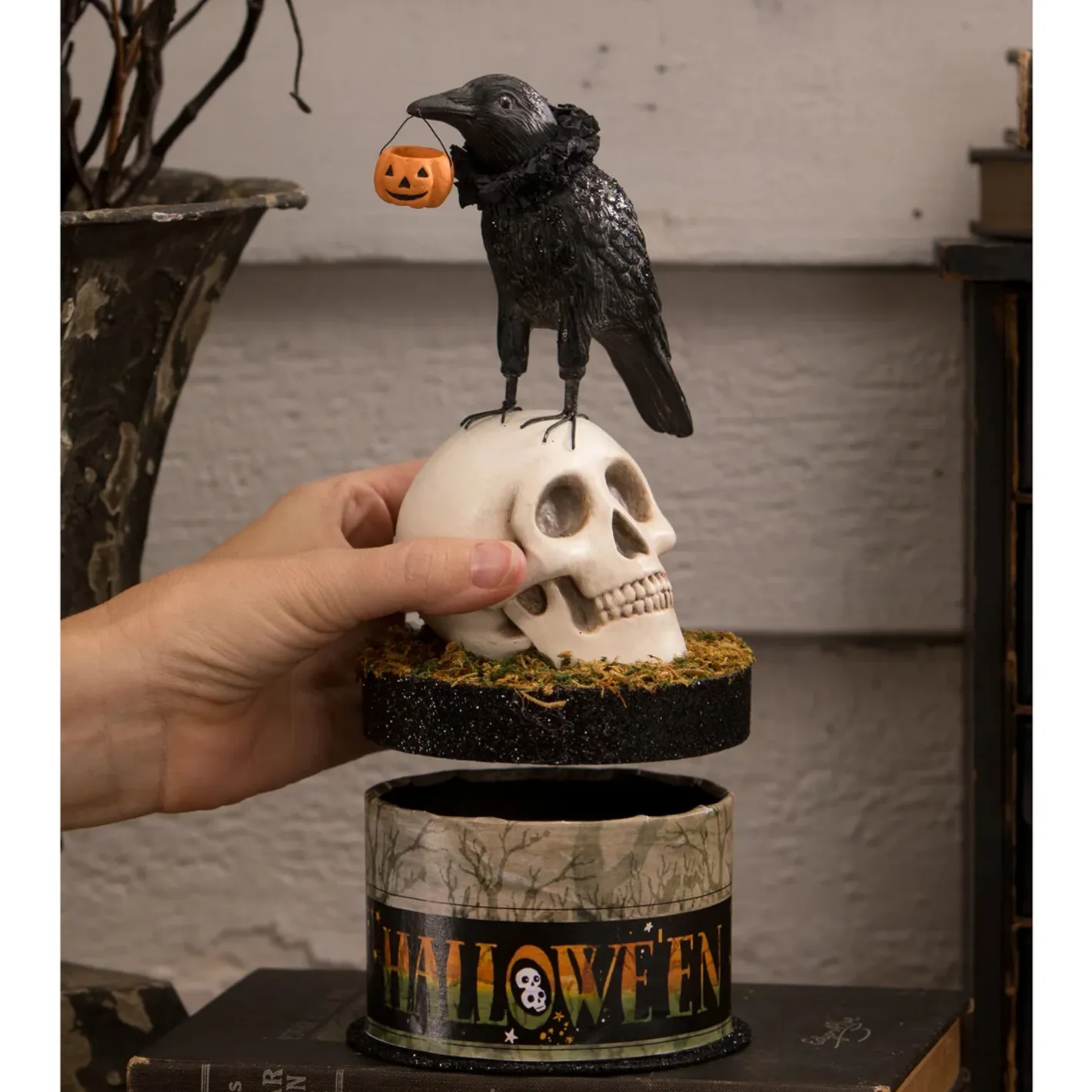 Bethany Lowe 9" Crow and Skull on Box Container Halloween Decoration TL3356 Outlet