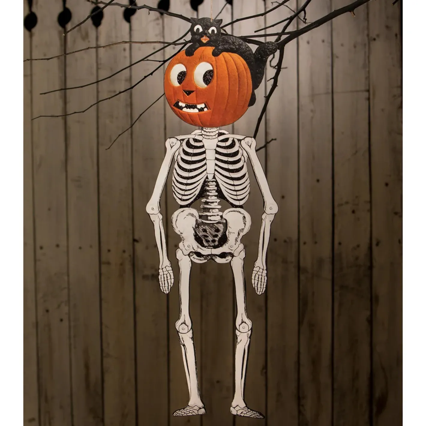 Bethany Lowe 30" Jack & Cat Hanging Posable Skeleton Tin Vintage Halloween Decoration TF3255 Outlet