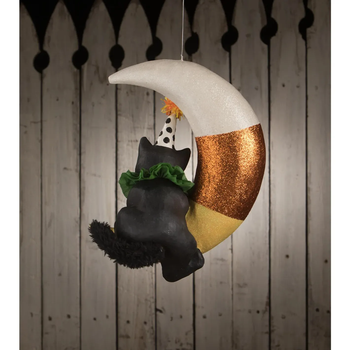 Bethany Lowe 15.75" Party Kitty in Candy Corn Moon Hanging Halloween Decoration TD1193 Outlet