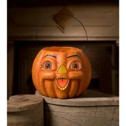 Bethany Lowe 8" Spunky Pumpkin Bucket Paper Mache Vintage Halloween Decoration TJ2314 New