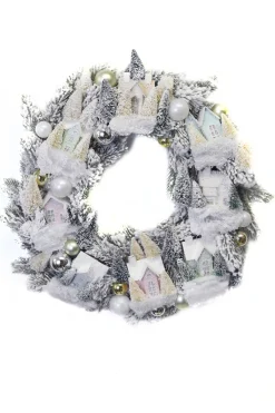Cody Foster Co Cody Foster 18" Frosted Village Vintage Inspired Putz Christmas House Wreath CD-1965 Discount
