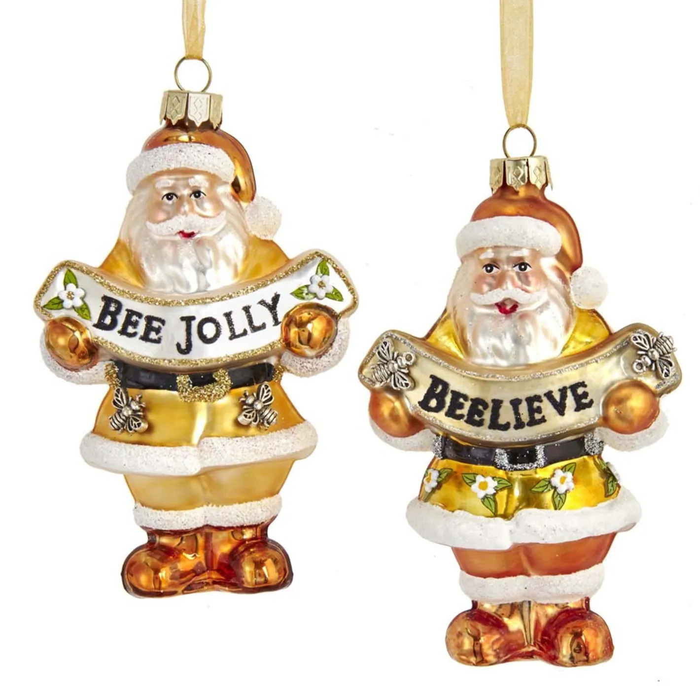 Kurt Adler 4.5" Gold and White Santa with Bee Banner Glass Christmas Ornament T2707 Online