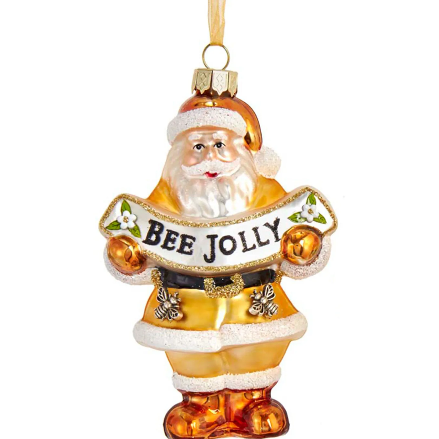 Kurt Adler 4.5" Gold and White Santa with Bee Banner Glass Christmas Ornament T2707 Online