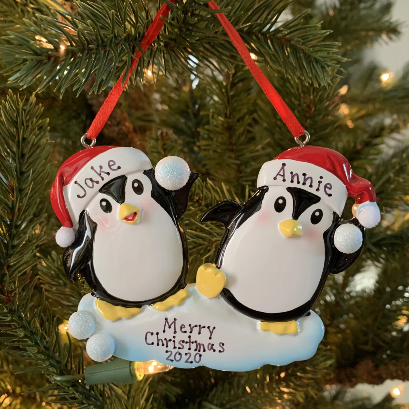 Polar X Penguin Couple Throwing Snowballs Personalized Christmas Ornament OR1318 Sale