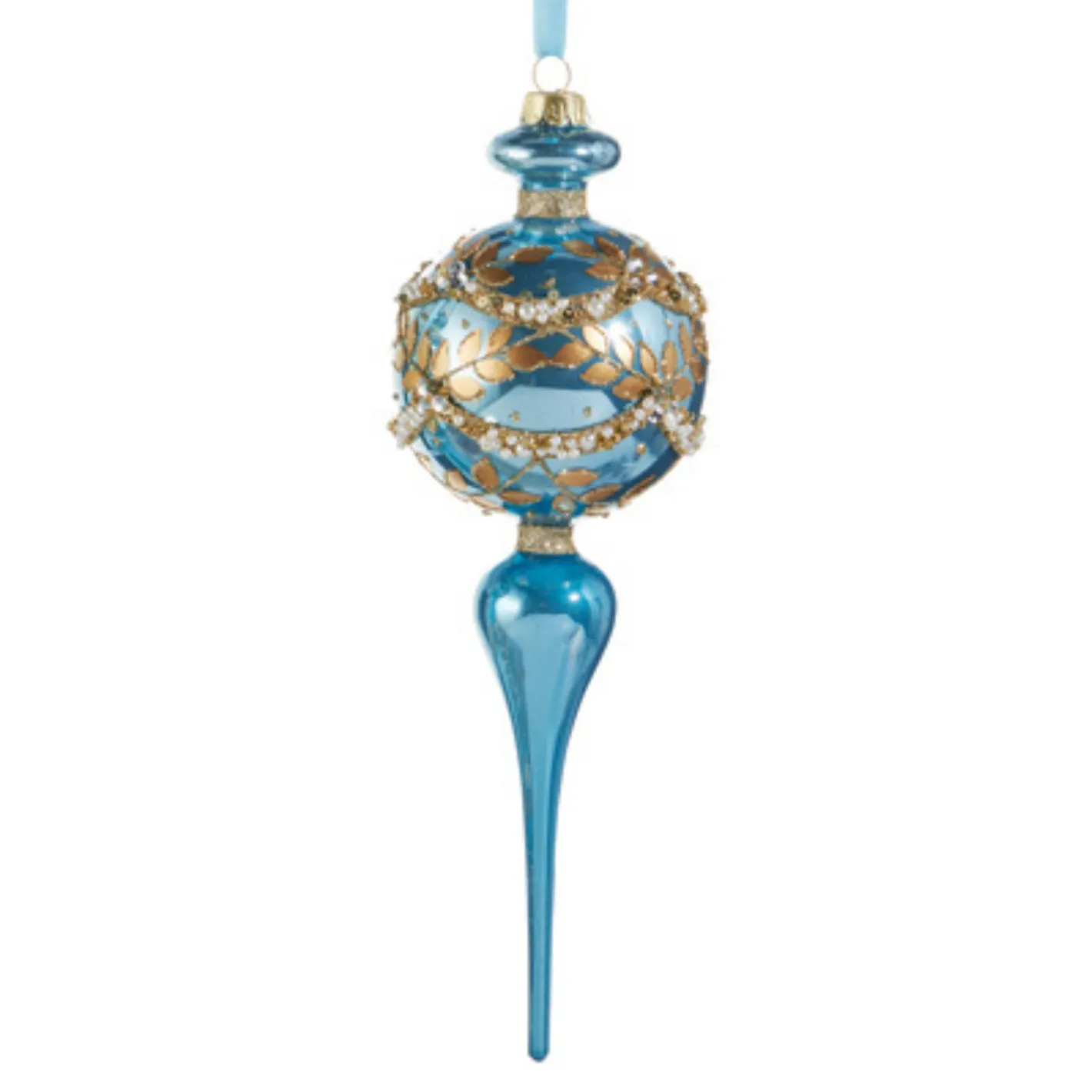 Raz Imports Raz 10" Gold Leaf Wrapped Blue Iridescent Finial Glass Christmas Ornament 4523009 Outlet