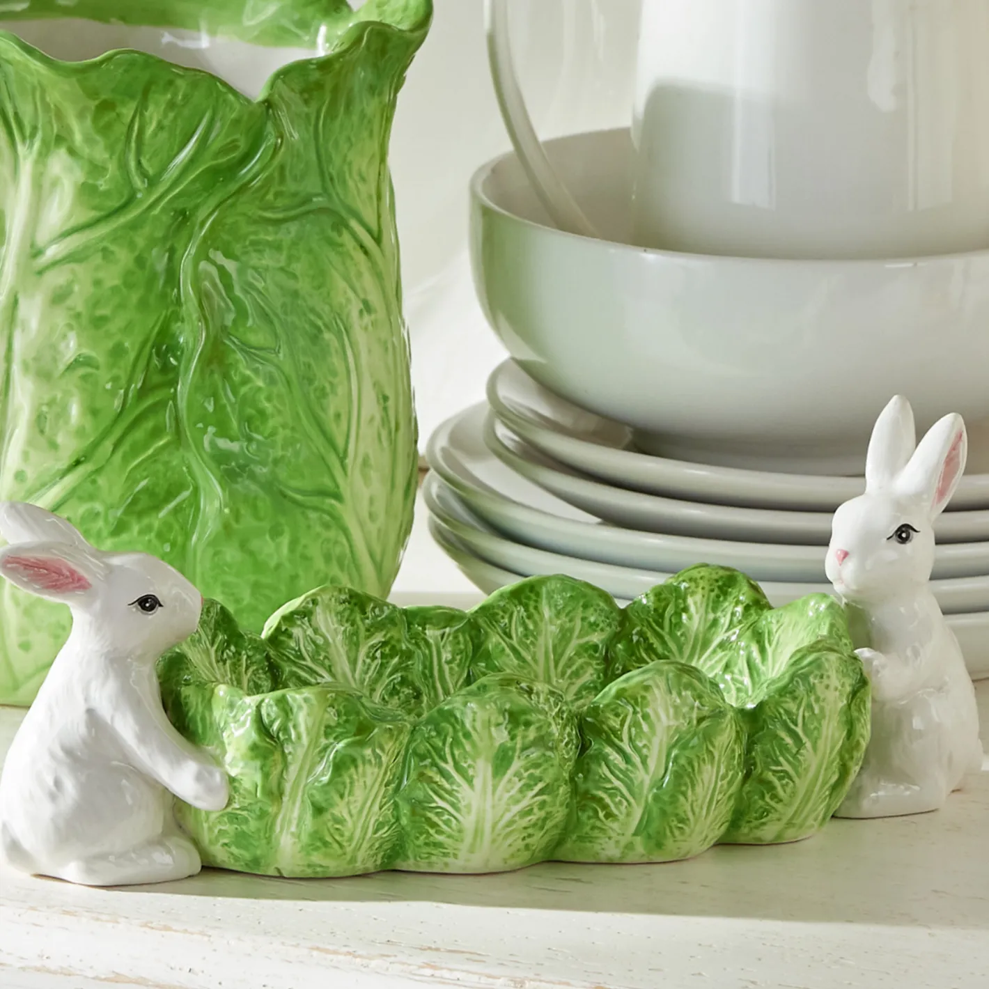 Raz Imports Raz 10" Green Cabbage Tray with Easter Bunnies 4411109 Sale