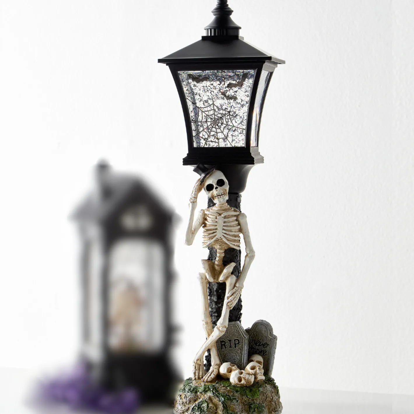 Raz Imports Raz 19" Lighted Swirling Glitter and Bats Skeleton Water Globe Lamp Post Halloween Decoration 4519263 Hot