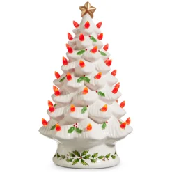 Raz Imports Raz 13" Lighted Vintage White Ceramic Christmas Tree with Holly and Red Bulbs 4419049 Discount