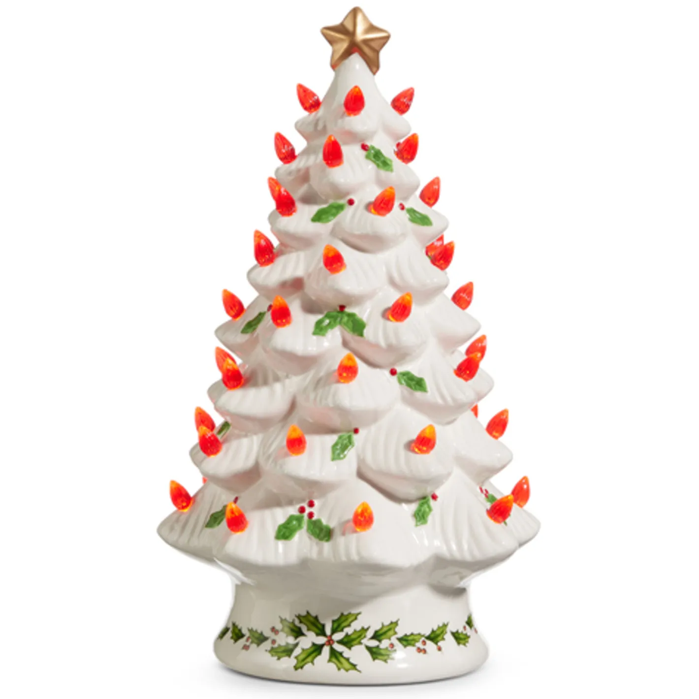 Raz Imports Raz 13" Lighted Vintage White Ceramic Christmas Tree with Holly and Red Bulbs 4419049 Discount