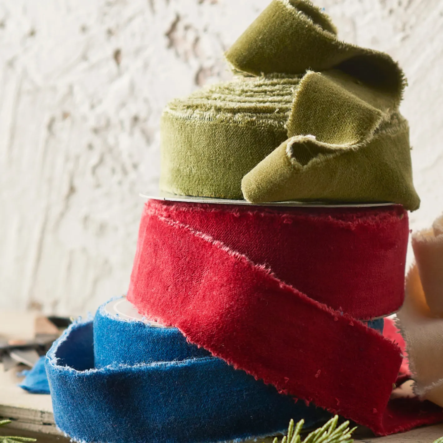 Raz Imports Raz 1.5" Red, Green, or Blue Torn Edge Unwired Velvet Christmas Ribbon Hot