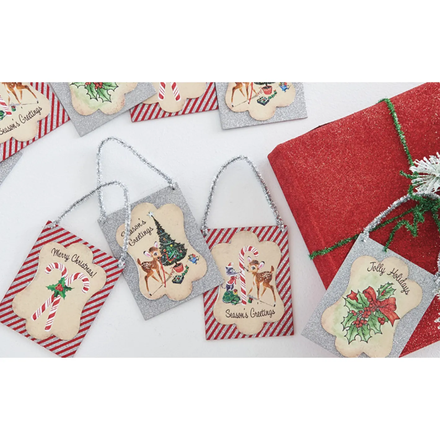 Raz Imports Raz 9.5" Set of 4 Vintage Inspired Postcard with Tinsel Christmas Ornament 4216149 Sale