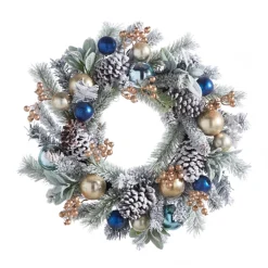 Raz Imports Raz 24" Snowy Mixed Greenery and Blue and Gold Ornament Christmas Wreath W4302540 Clearance