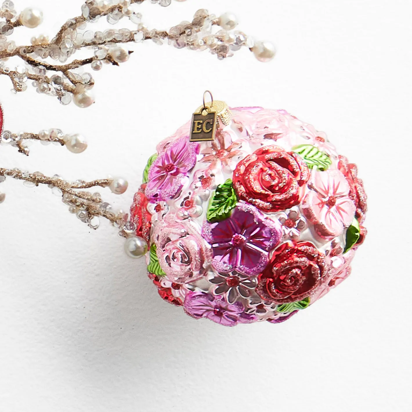 Raz Imports Raz Eric Cortina 4" Colorful Flower Ball Glass Christmas Ornament 4553174 Hot