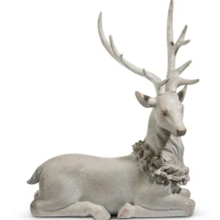 Raz Imports Raz Large White Iced Sitting or Standing Deer with Holly Wreath Figure Christmas Decoration New