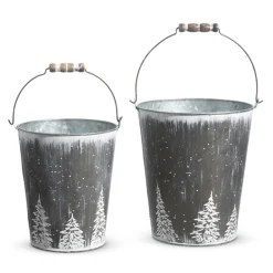 Raz Imports Raz Set of 2 Galvanized Buckets with Trees Christmas Decorations 4355001 New