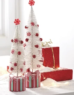 Raz Imports Raz Set of 2 White Peppermint Bottle Brush Tree on Presents Christmas Figure 4215546 Best