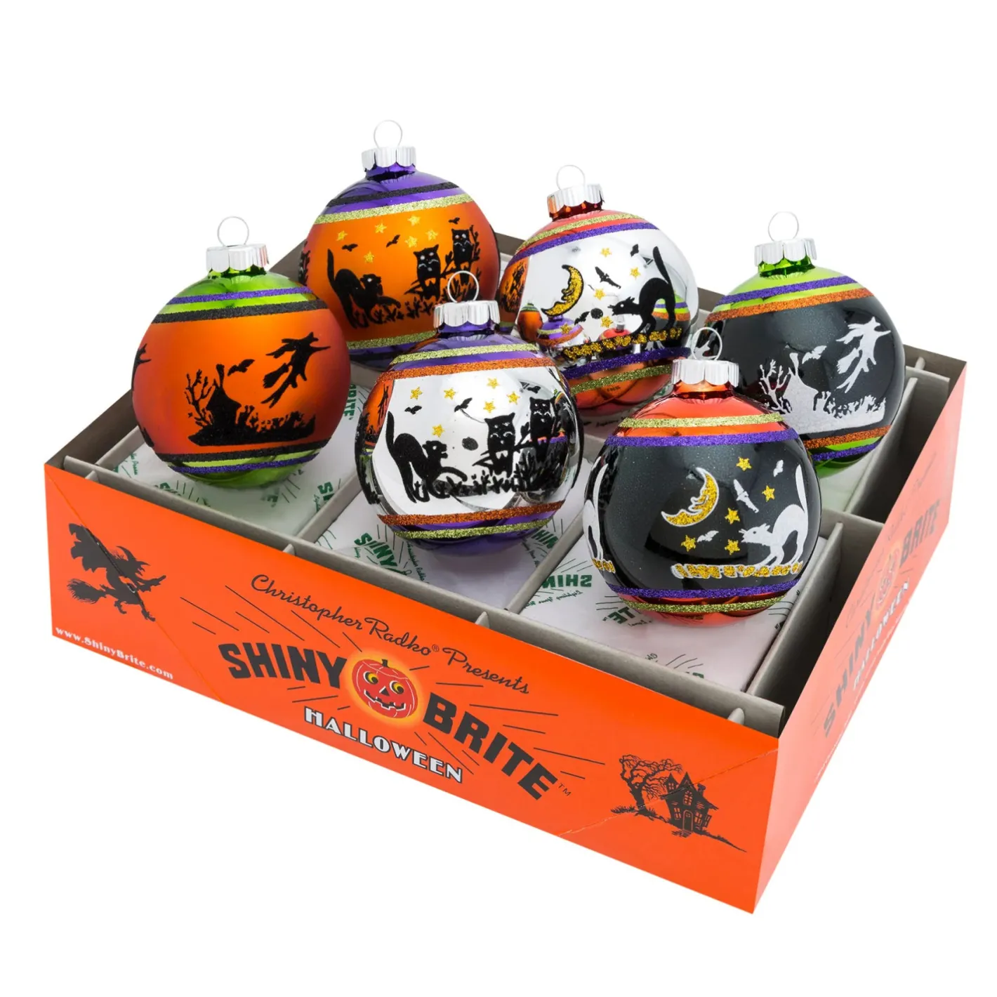 Shiny Brite Halloween 3.25" Signature Flocked Round Halloween Glass Ornament Set 4026976 Clearance