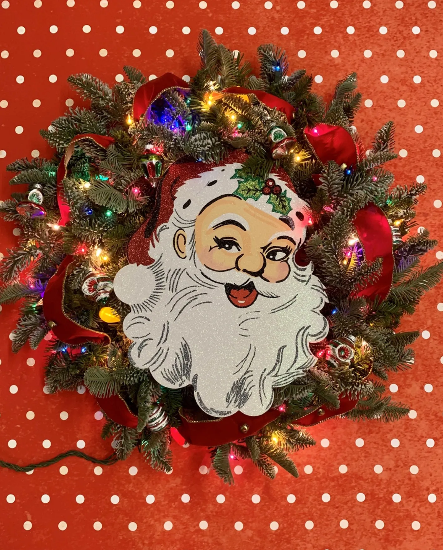 Raz Imports 30" Handmade Vintage Inspired Santa Lighted Wreath w/ Shiny Brite Ornaments Discount