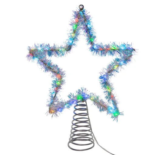 Kurt Adler 12.2" LED Lighted Silver Tinsel Star Christmas Tree Topper AD1022RGB Clearance