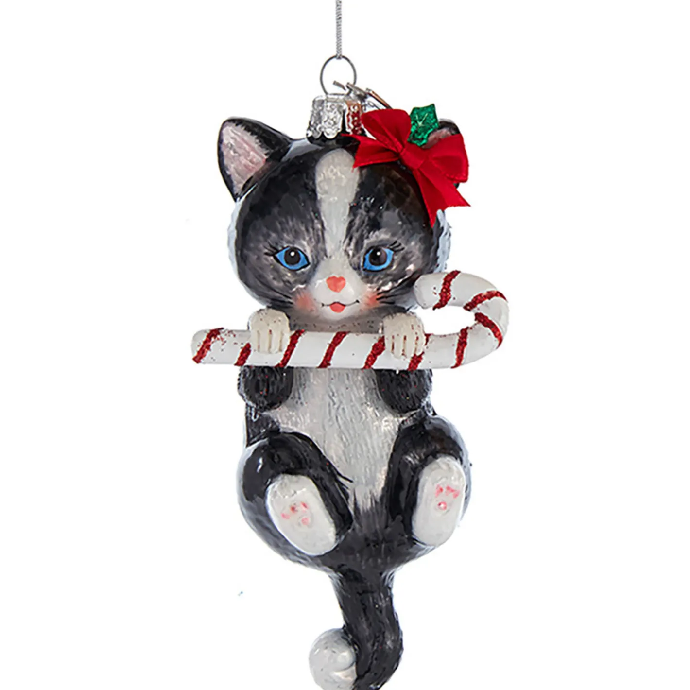 Kurt Adler 5" Noble Gems Cat With Candy Cane Glass Christmas Ornament NB1668