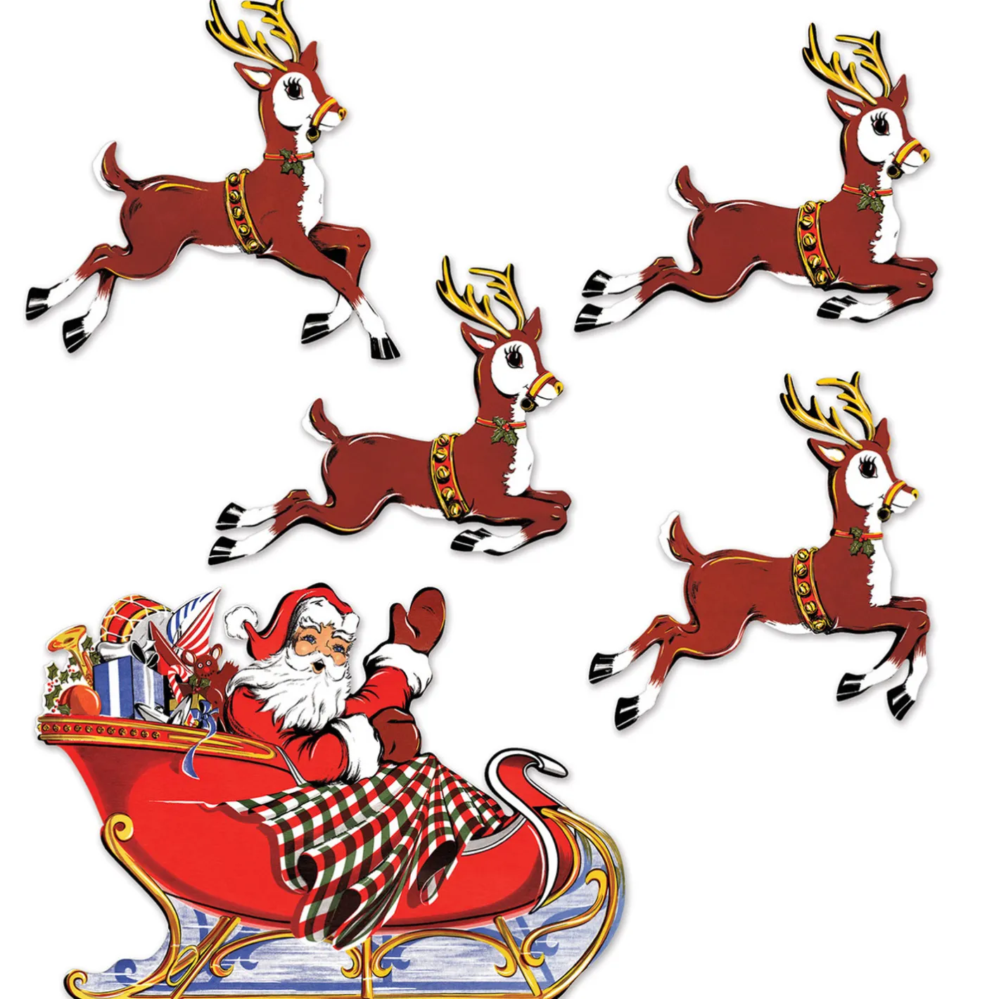 Beistle Vintage Santa and Sleigh with Reindeer Cutouts 20055 Hot