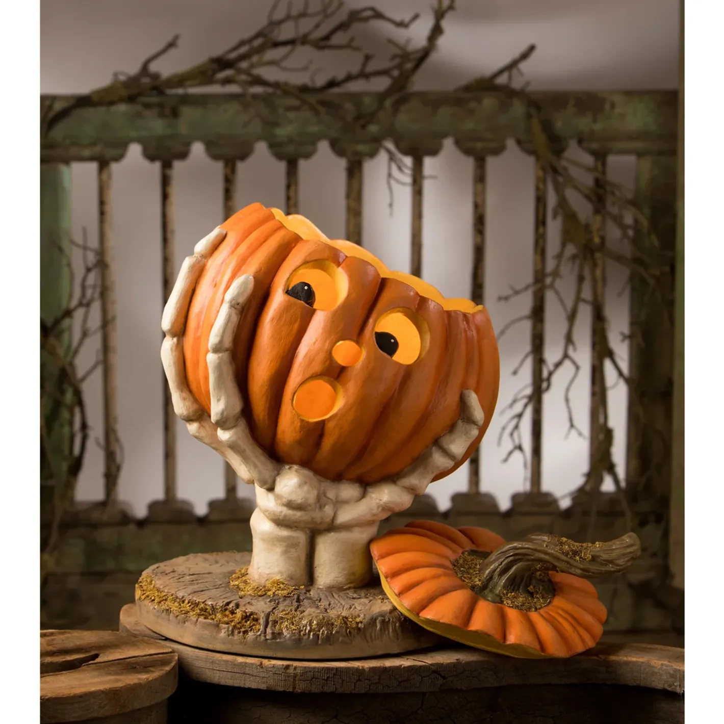 Bethany Lowe 12.25" Ut-Oh Gotcha Pumpkin With Skeleton Hand Halloween Decoration TD3143 New