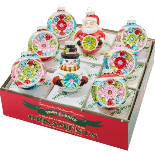 Shiny Brite Christopher Radko Festive Fete 8 Count Figures and Reflector Rounds Glass Christmas Ornament Set 4028278 Sale