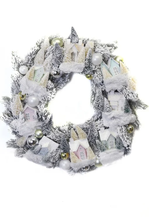 Cody Foster Co Cody Foster 18" Frosted Village Vintage Inspired Putz Christmas House Wreath CD-1965 Discount