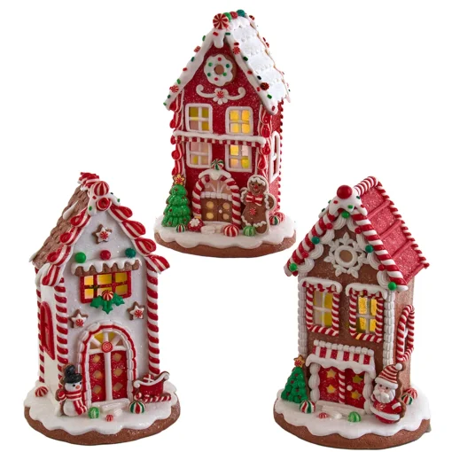 Kurt Adler 8.5" Battery Operated Lighted Red and White Gingerbread Houses GBJ0037 Hot