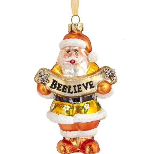 Kurt Adler 4.5" Gold and White Santa with Bee Banner Glass Christmas Ornament T2707 Online