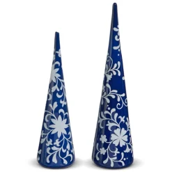Raz Imports Raz 16" Blue and White Floral Delft Glass Christmas Trees Set of 2 4424530 Sale
