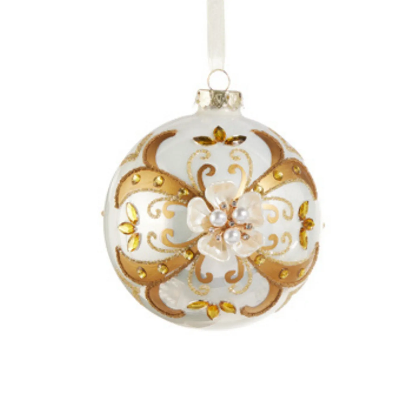 Raz Imports Raz 5.5" Gold and White Floral Embellished Glass Christmas Ornament 4523002 Sale