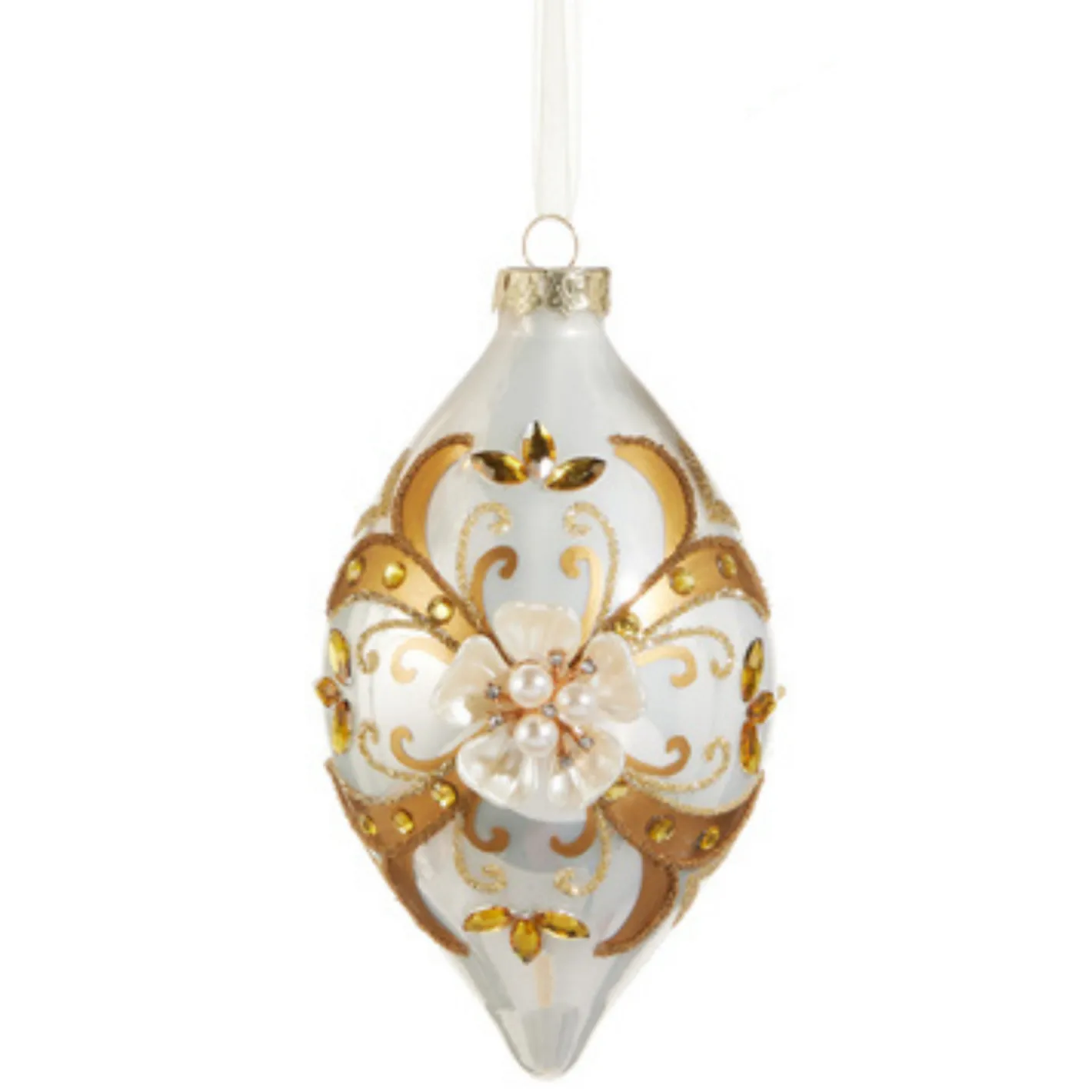 Raz Imports Raz 5.5" Gold and White Floral Embellished Glass Christmas Ornament 4523002 Sale