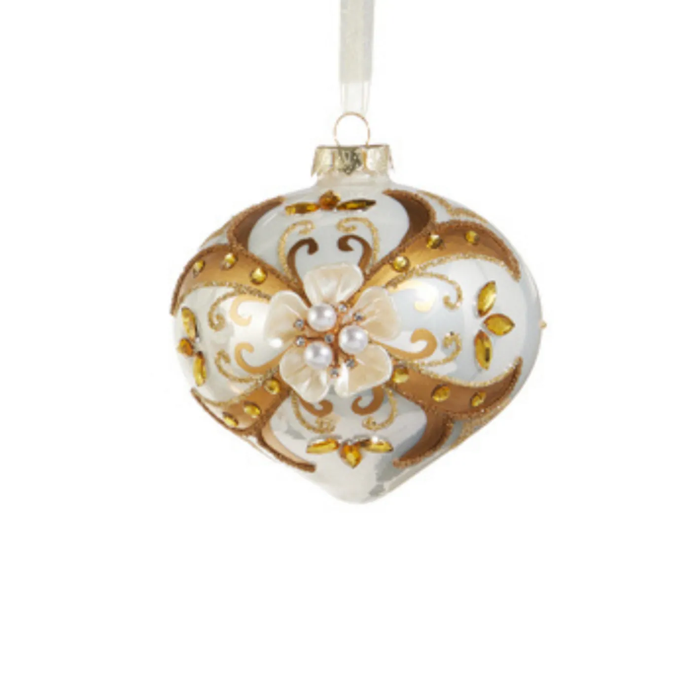 Raz Imports Raz 5.5" Gold and White Floral Embellished Glass Christmas Ornament 4523002 Sale