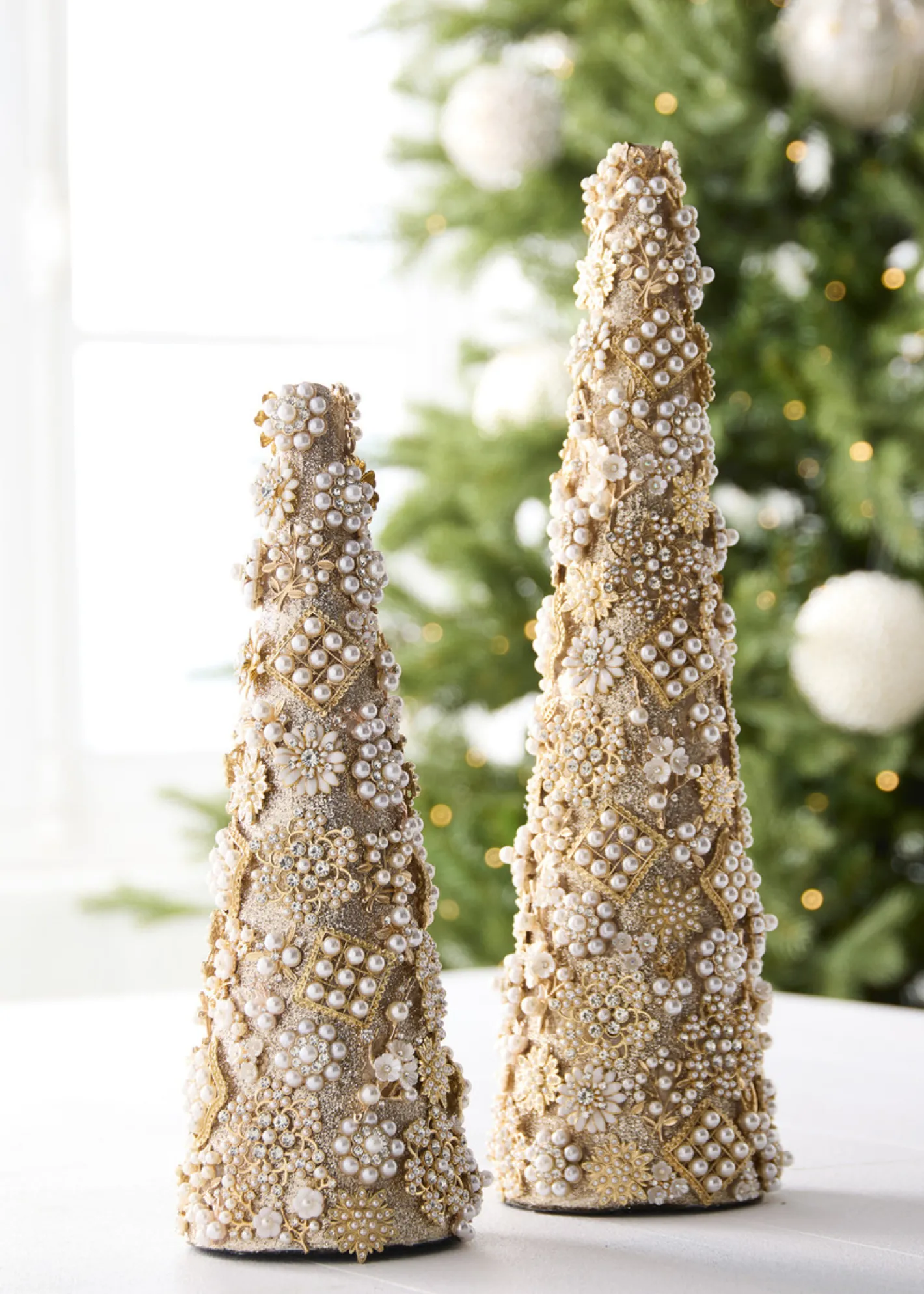 Raz Imports Raz 17.5" Gold Jewel and Pearl Brooch Cone Christmas Trees Set of 2 4513520 Clearance