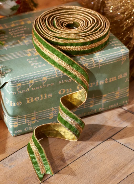 Raz Imports Raz 1.5" Green Velvet Christmas Ribbon with Gold Jewels R4227719 New