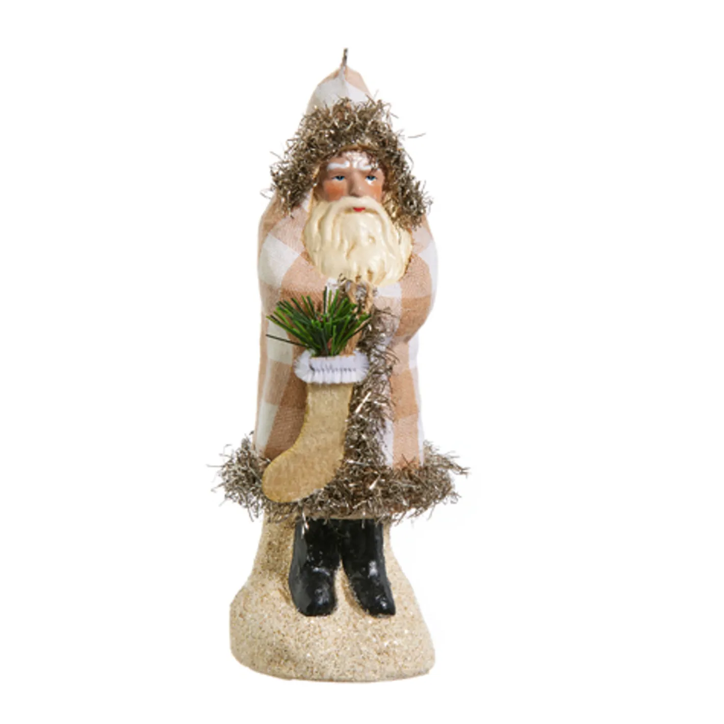 Raz Imports Raz 5.75" Ivory and Tan Gingham Velvet Santa Christmas Ornament 4412508