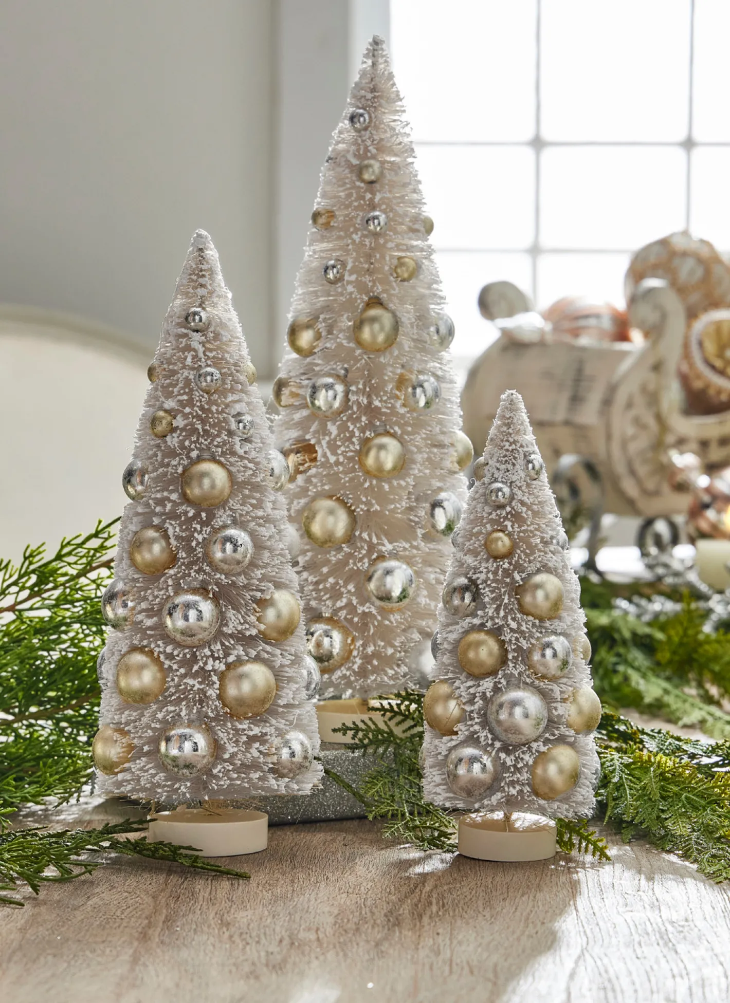 Raz Imports Raz 15" Ivory Snowy Bottle Brush Trees with Ornaments Christmas Decoration Set of 3 4319029 Discount