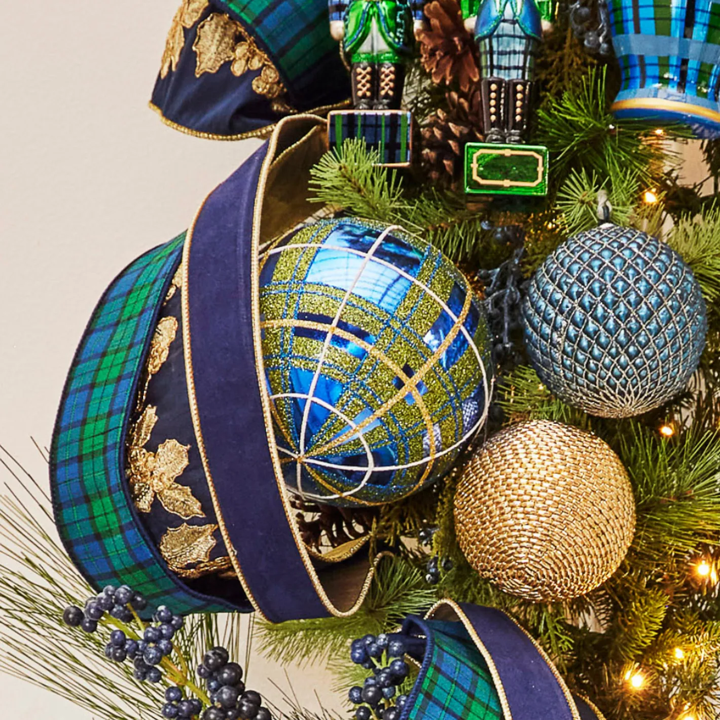 Raz Imports Raz 6" Large Blue and Green Plaid Glitter Ball Christmas Ornament 4432727 New