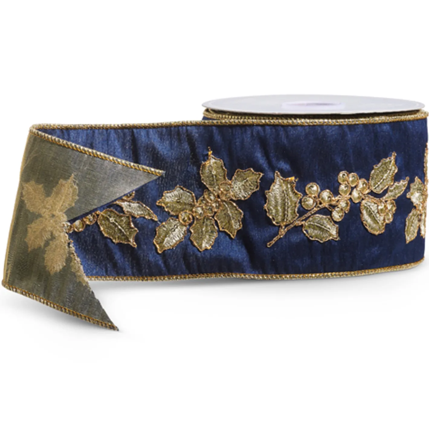 Raz Imports Raz 4" Navy Blue and Gold Holly Wired Christmas Ribbon R4427720 Sale