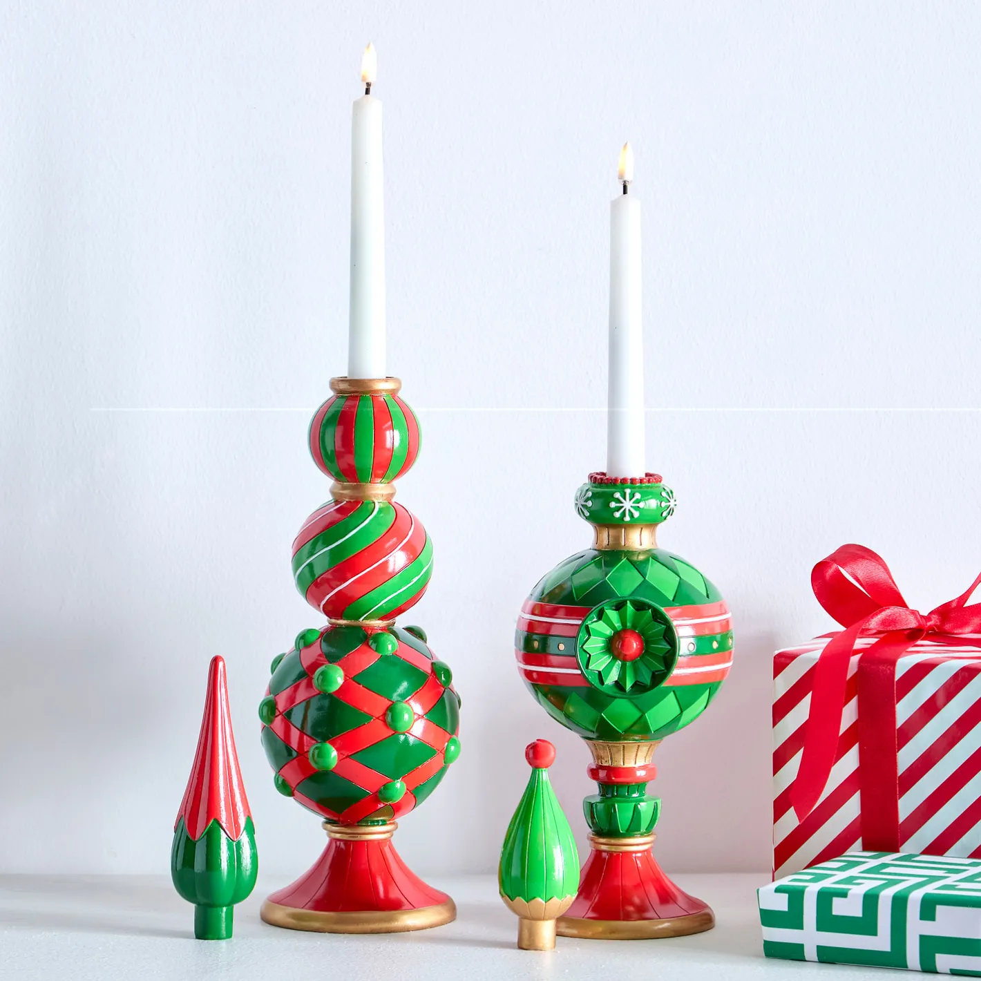 Raz Imports Raz 15" or 14.5" Red and Green Finial Candle Holder Christmas Decoration