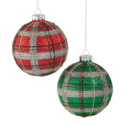 Raz Imports Raz 4" Red or Green Plaid Glitter Ball Glass Christmas Ornament 4520907 Discount