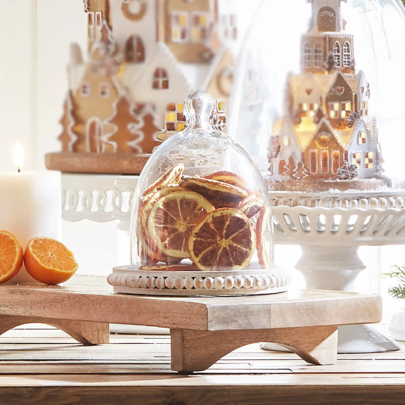 Raz Imports Raz 7" Whitewash Beaded Wooden Tray with Cloche 4424405 Outlet