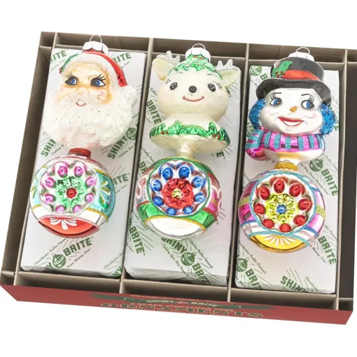 Shiny Brite Confetti 5.5" Santa Snowman and Reindeer Figure Reflector Glass Christmas Ornament Set 4028024 Hot